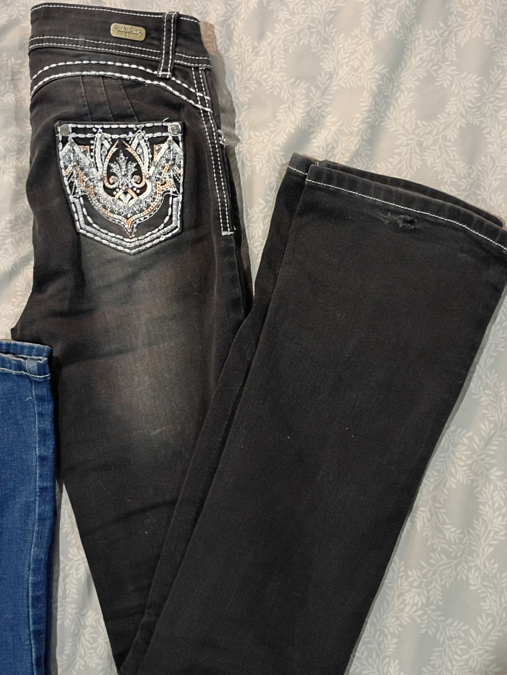 Embroidered Black Boot-Cut Jeans with Contrast Stitching